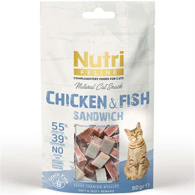 Nutri Feline Chicken & Fish Sandwich Snack Okyanus Balıklı ve Tavuk Etli Tahılsız Sandviç Kedi Ödül Maması 50 gr